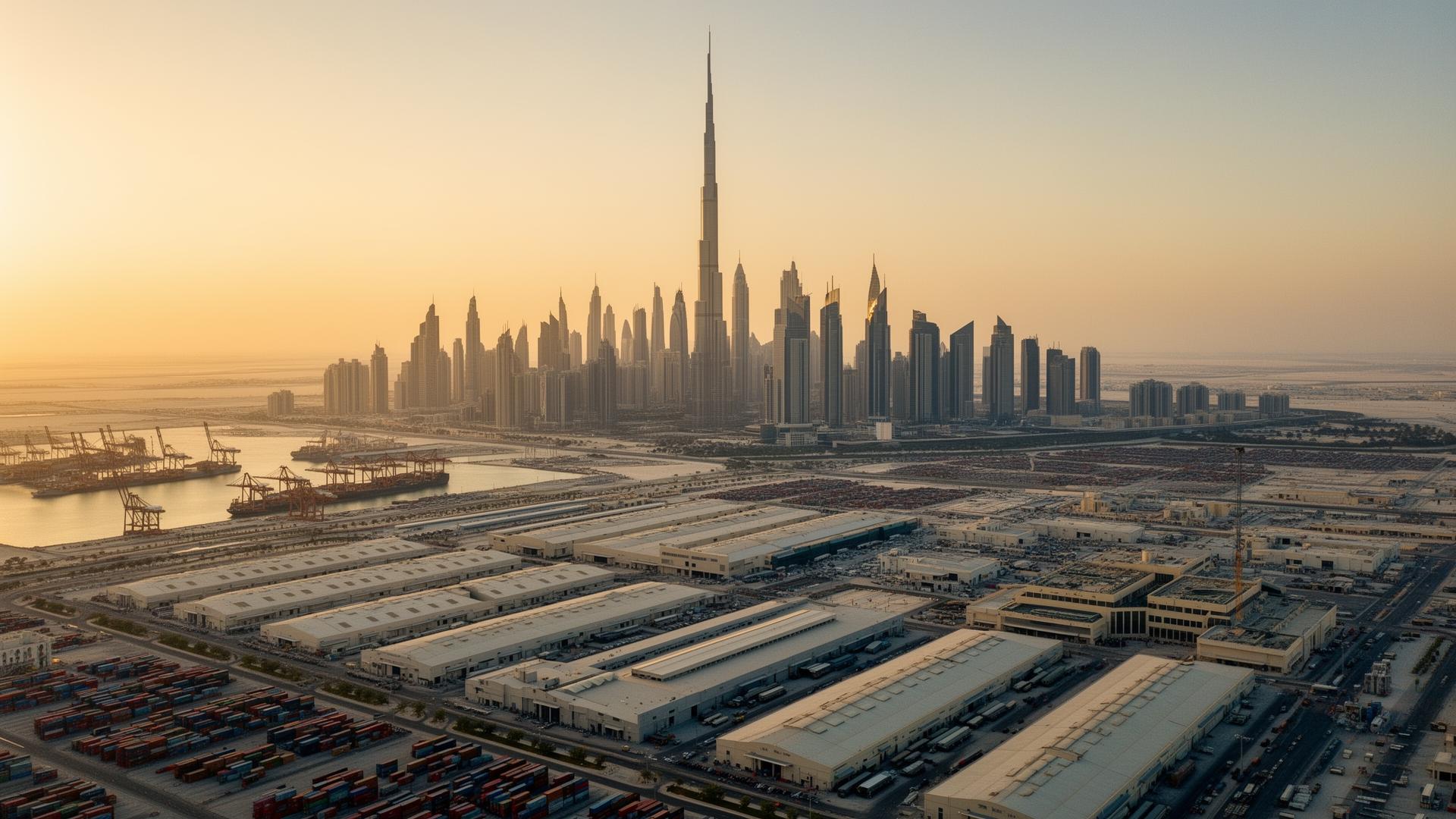 Dubai skyline and industrial warehouses